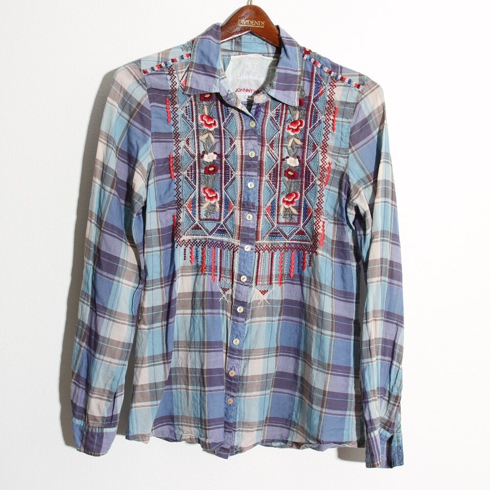Johnny Was 3J Workshop Plaid Floral Embroidered Button Up Shirt Size Small